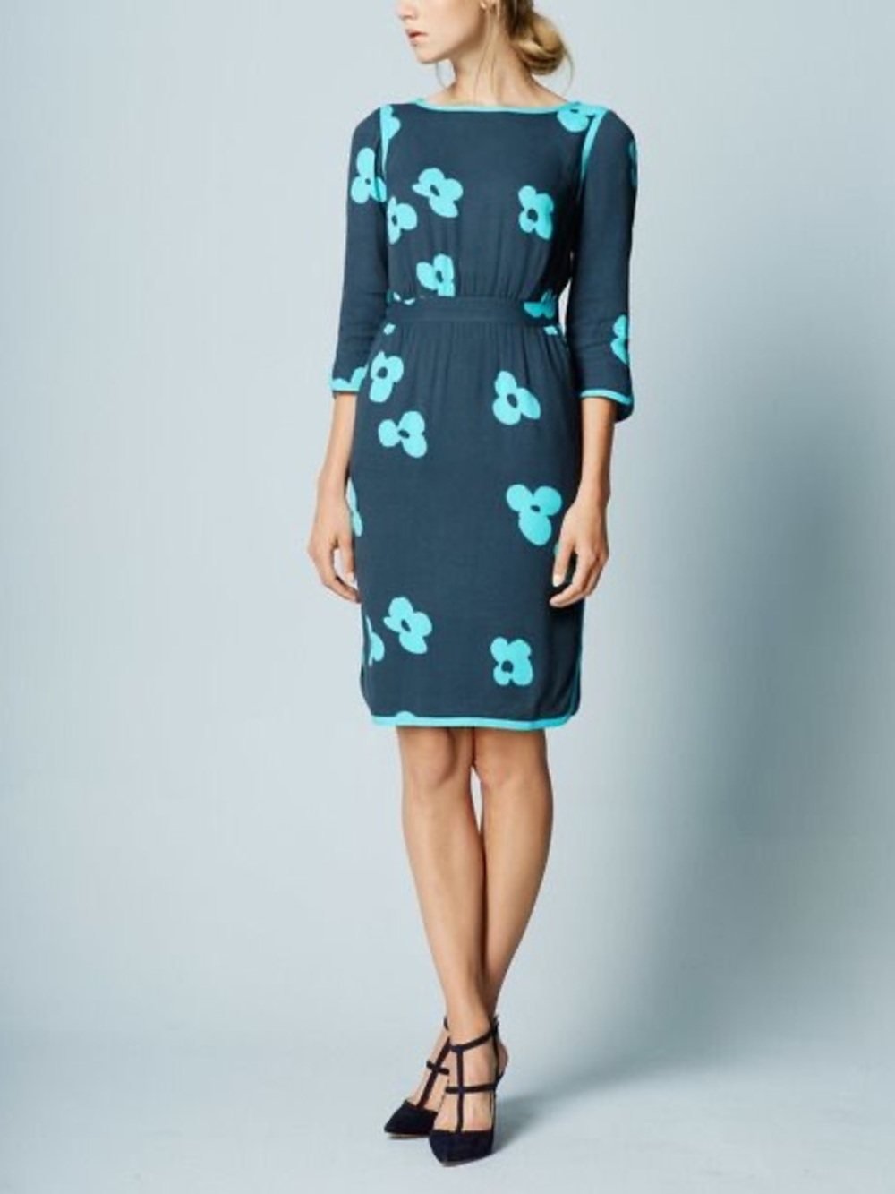 Boden Tipped Clover Floral Dress Navy/Turquoise 3/4 Sleeve